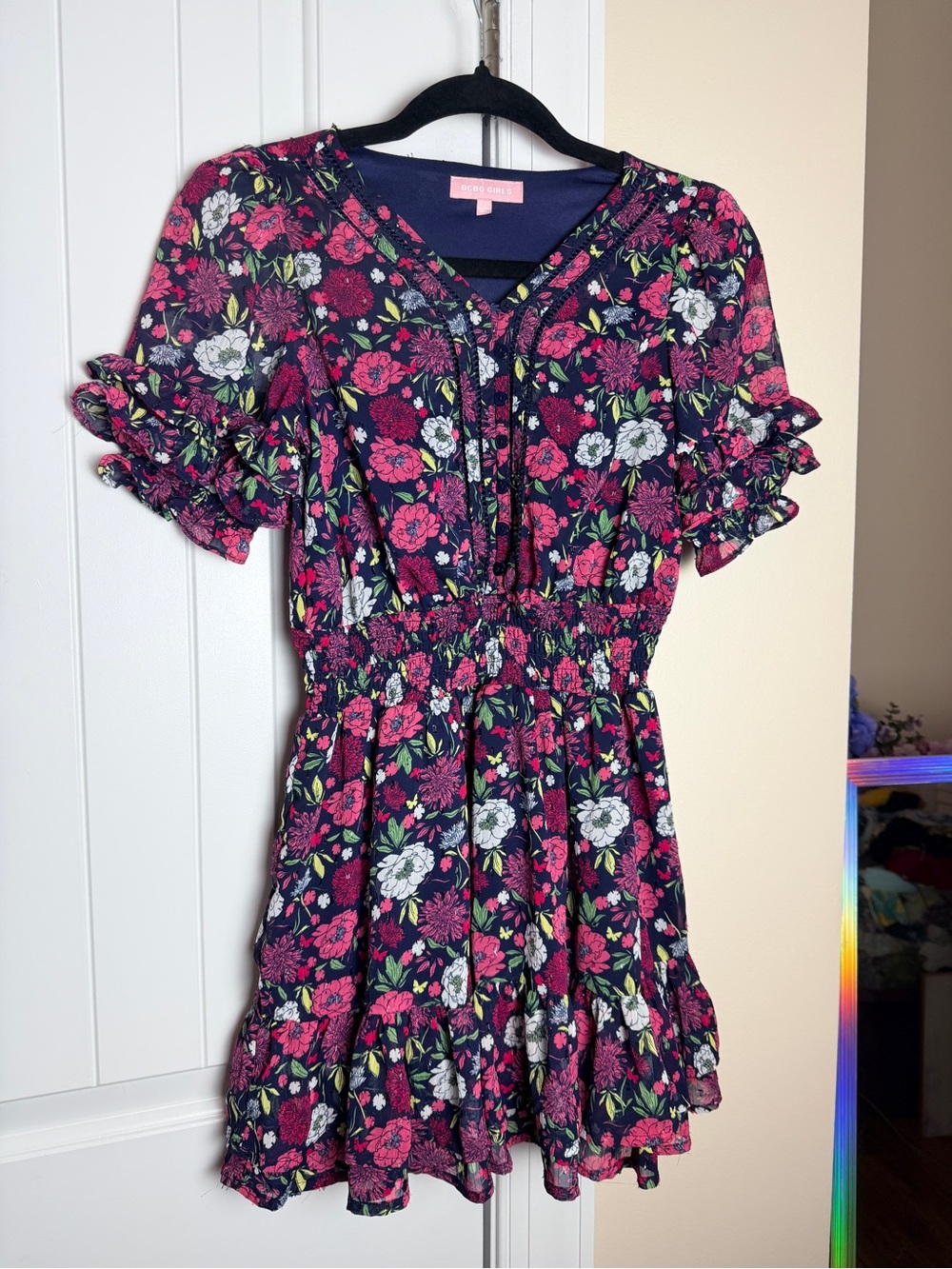 BCBGirls Navy Floral Dress with Pink & White Blooms